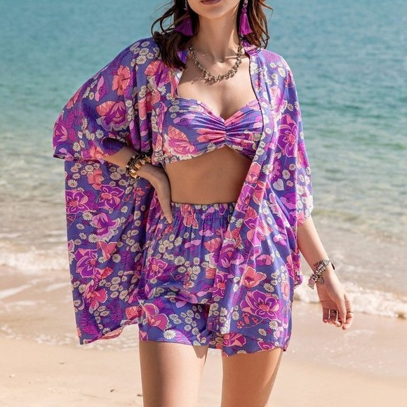 . Dresses & Skirts - Purple Boho Womens Allover Floral Print Crop Top & Shorts & Open Front Kimono